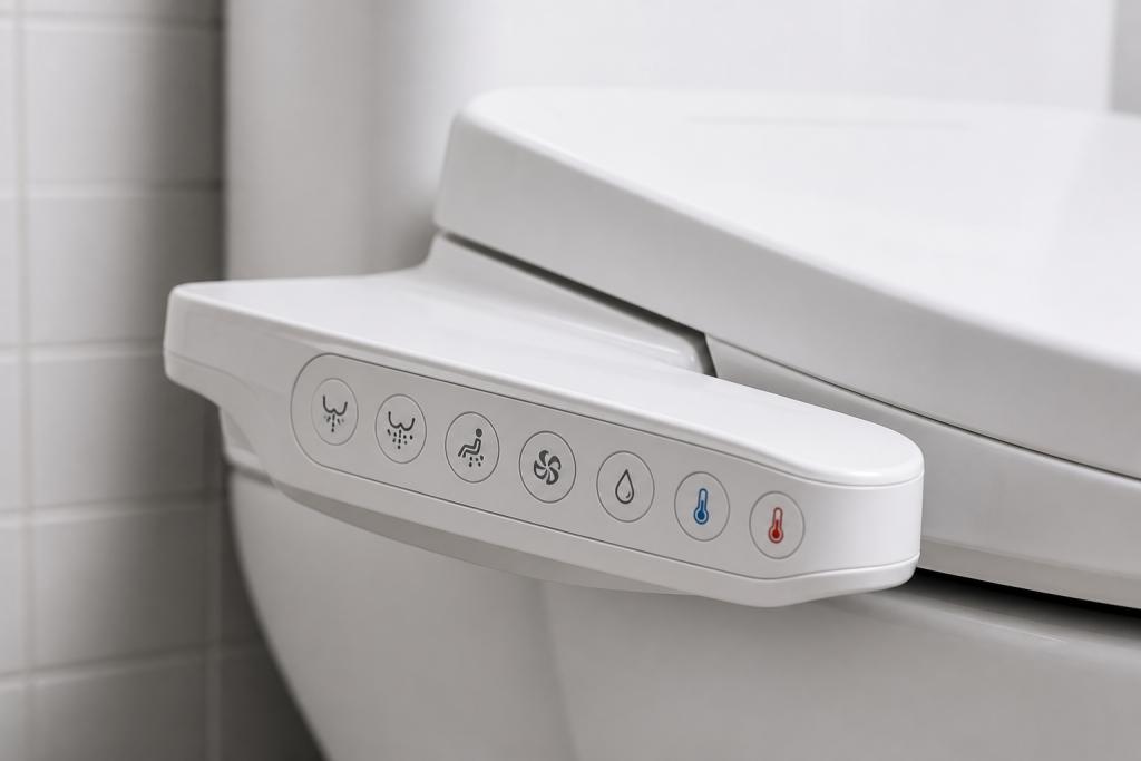 Cận cảnh bảng điều khiển nắp bệt thông minh Washuto với các nút chức năng vệ sinh
