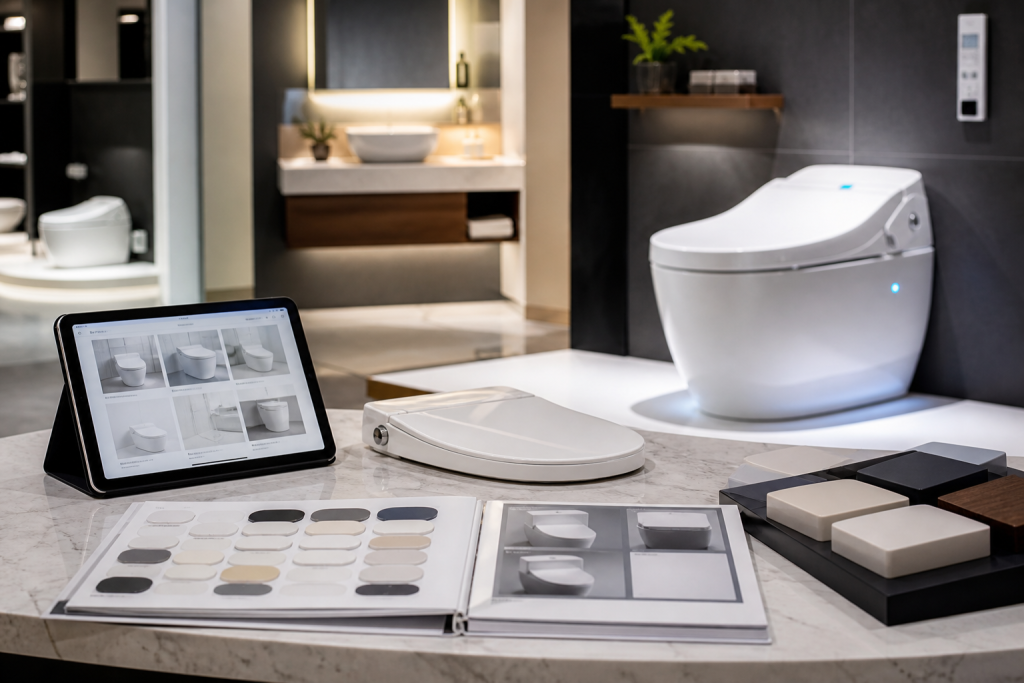 Showroom tư vấn thiết bị vệ sinh thông minh Washuto với bệt liền khối và nắp bệt trưng bày