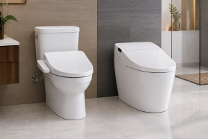 So sánh nắp bệt thông minh và bệt thông minh liền khối Washuto trong showroom phòng tắm