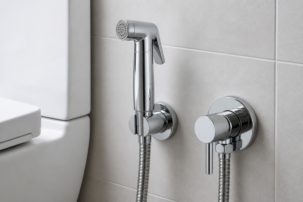 Cận cảnh vòi rửa cơ Washuto mạ chrome và núm điều chỉnh nước cạnh bồn cầu